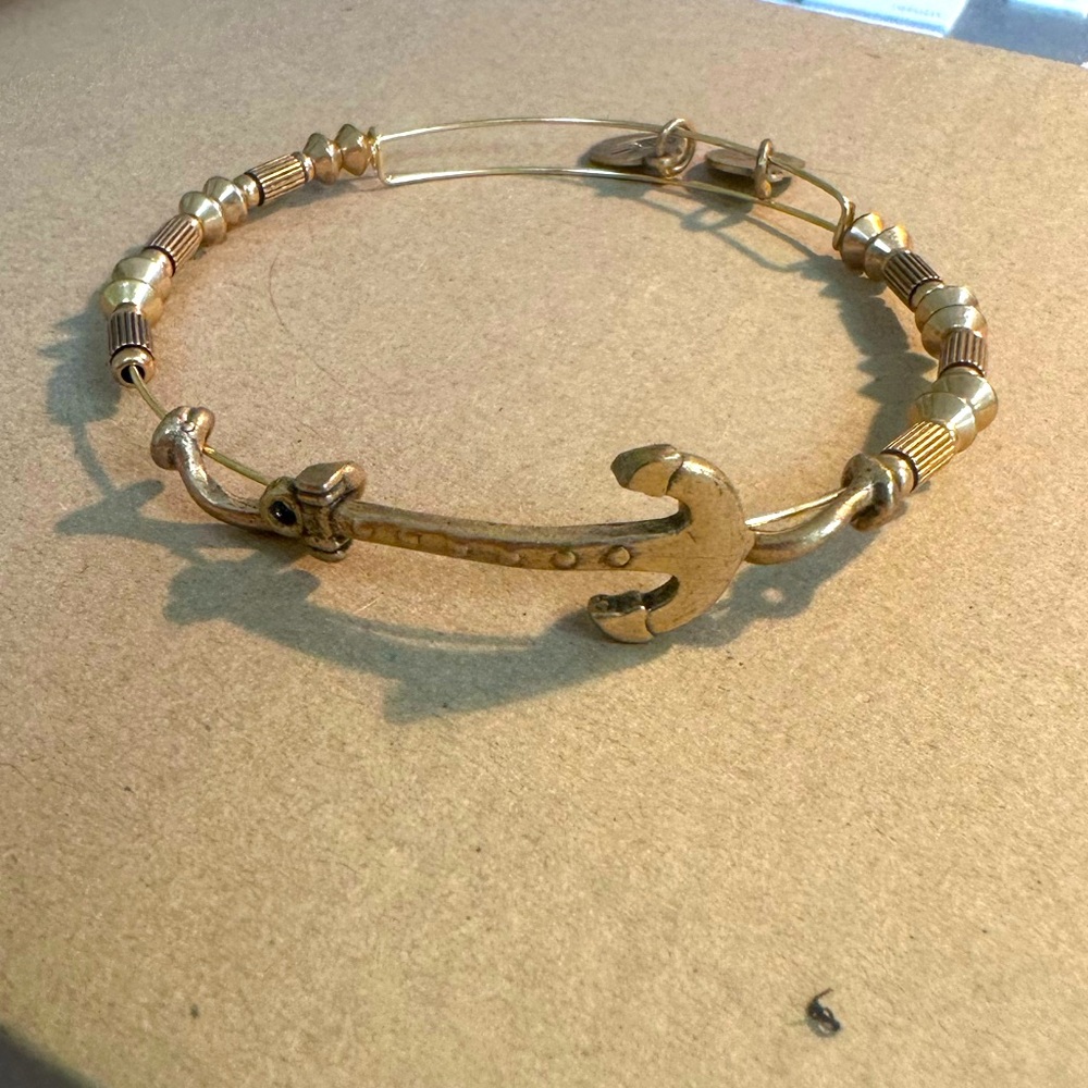 Alex and Ani Shiny Gold Beaded Anchor Bangle Bracelet Adjustable /Stretch on-off